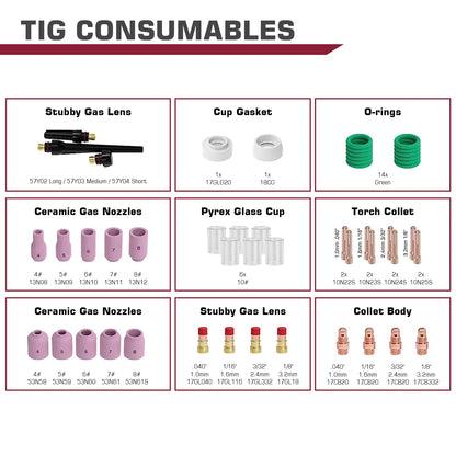 WIG-Schweißbrenner-Verbrauchsmaterial-Set – Stubby-Gaslinse und Düsen (49/71 PCS)