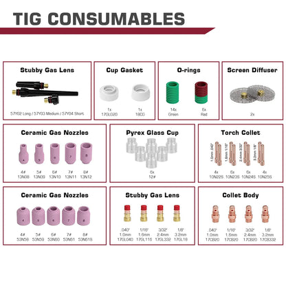WIG-Schweißbrenner-Verbrauchsmaterial-Set – Stubby-Gaslinse und Düsen (49/71 PCS)