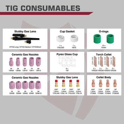 WIG-Schweißbrenner-Verbrauchsmaterial-Set – Stubby-Gaslinse und Düsen (49/71 PCS)